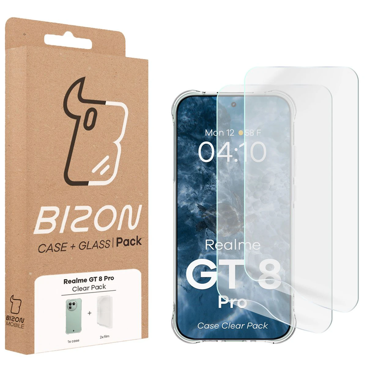 Przód pudełka Bizon Case+Glass z dedykowaną etykietą do Realme GT 8 Pro