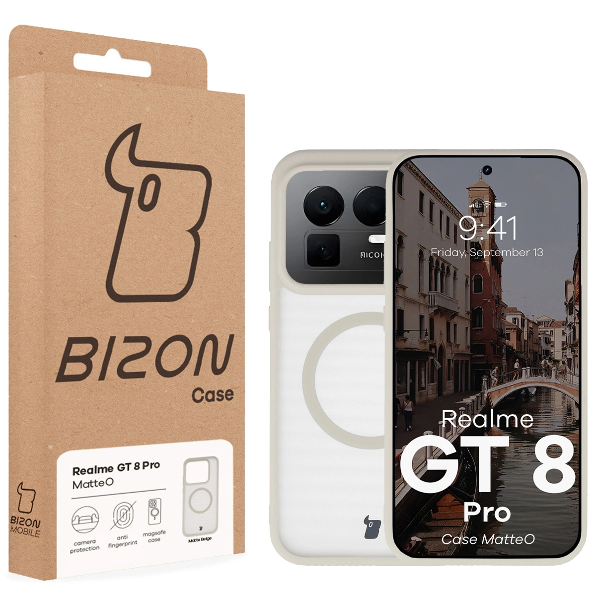 Przód pudełka Bizon Case z dedykowaną etykietą do Realme GT 8 Pro