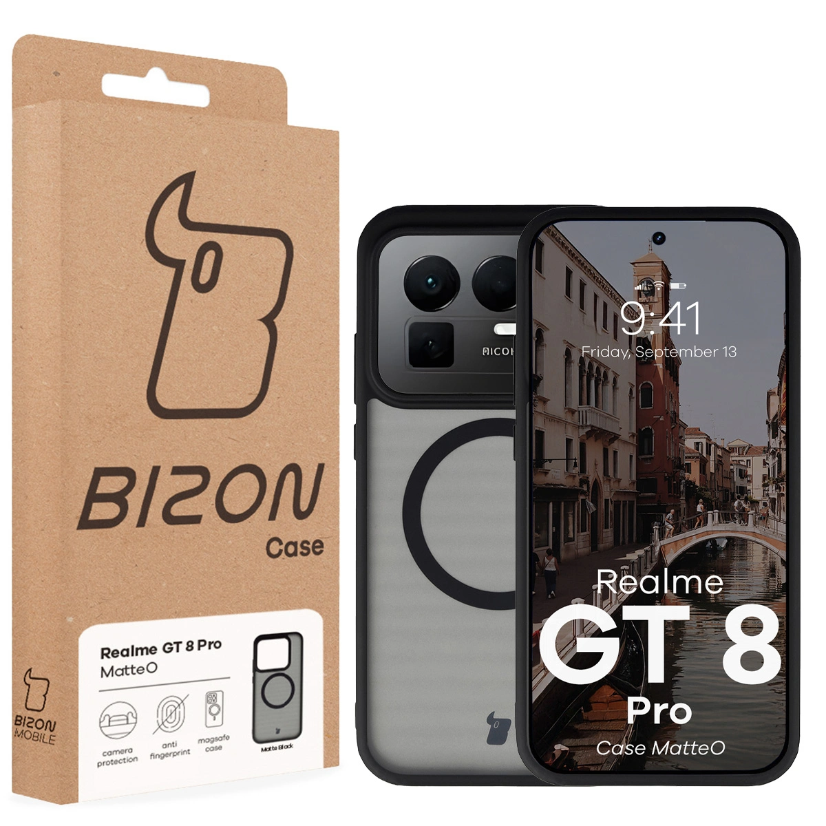 Przód pudełka Bizon Case z dedykowaną etykietą do Realme GT 8 Pro