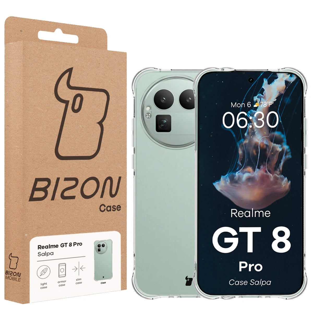 Przód pudełka Bizon Case z dedykowaną etykietą do Realme GT 8 Pro