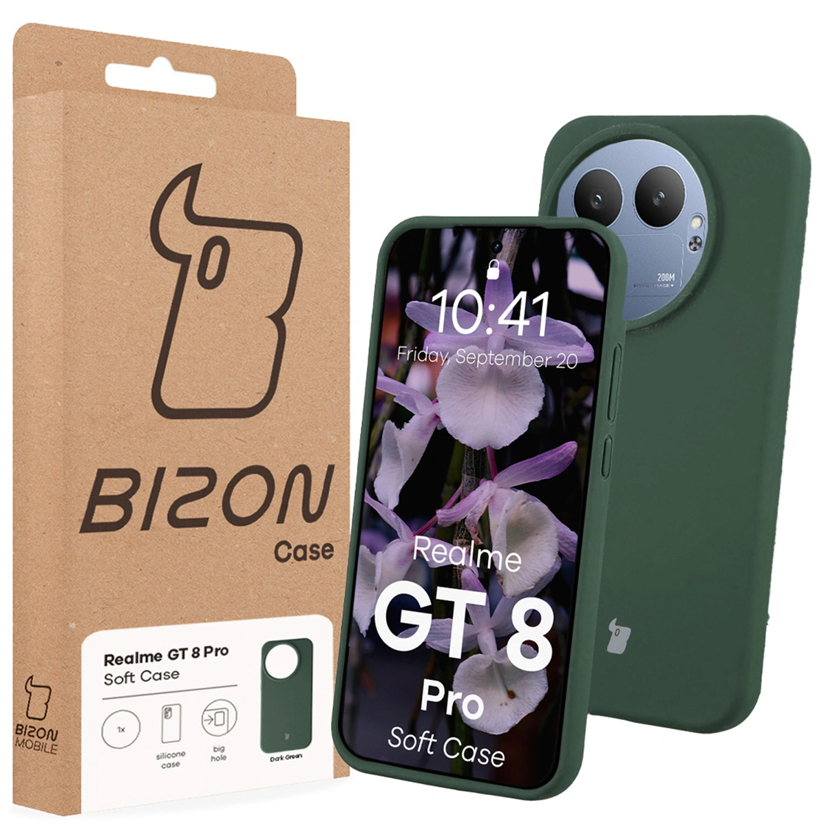 Przód pudełka Bizon Case z dedykowaną etykietą do Realme GT 8 Pro