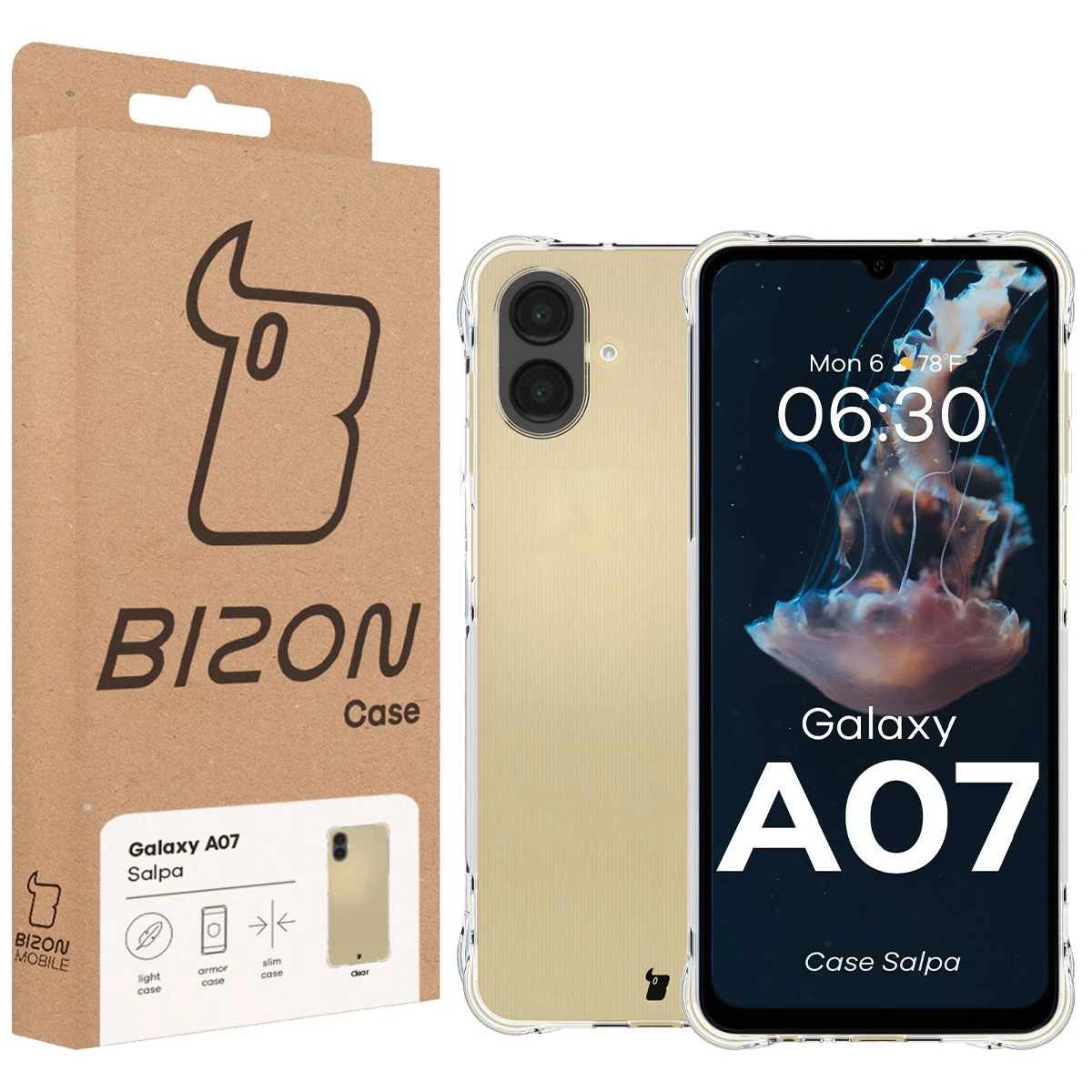 Przód pudełka Bizon Case z dedykowaną etykietą do Samsung Galaxy A07 4G