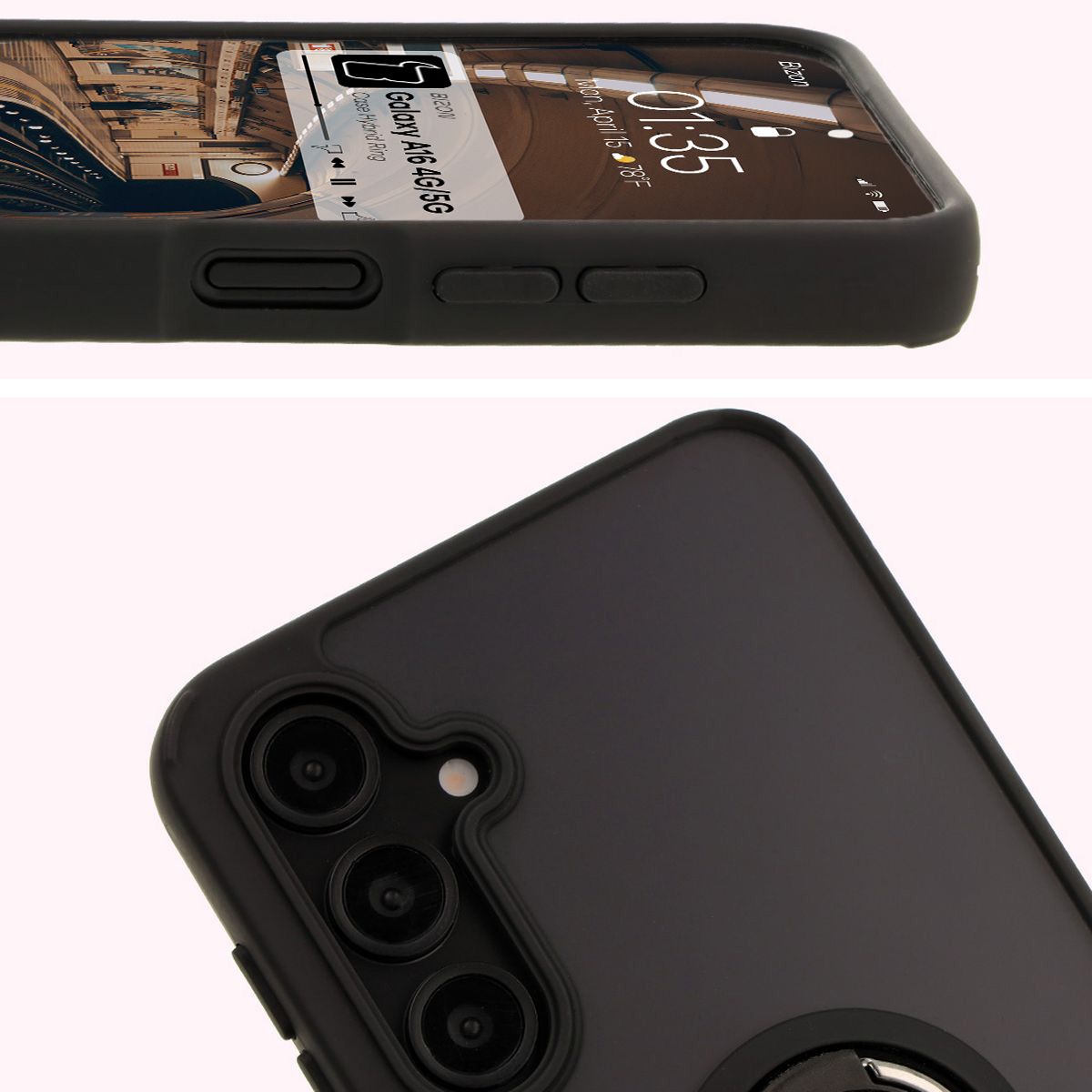 Zbliżenie na podwyższone krawędzie przy wyświetlaczu i wyspie aparatu w etui Bizon Hybrid Ring