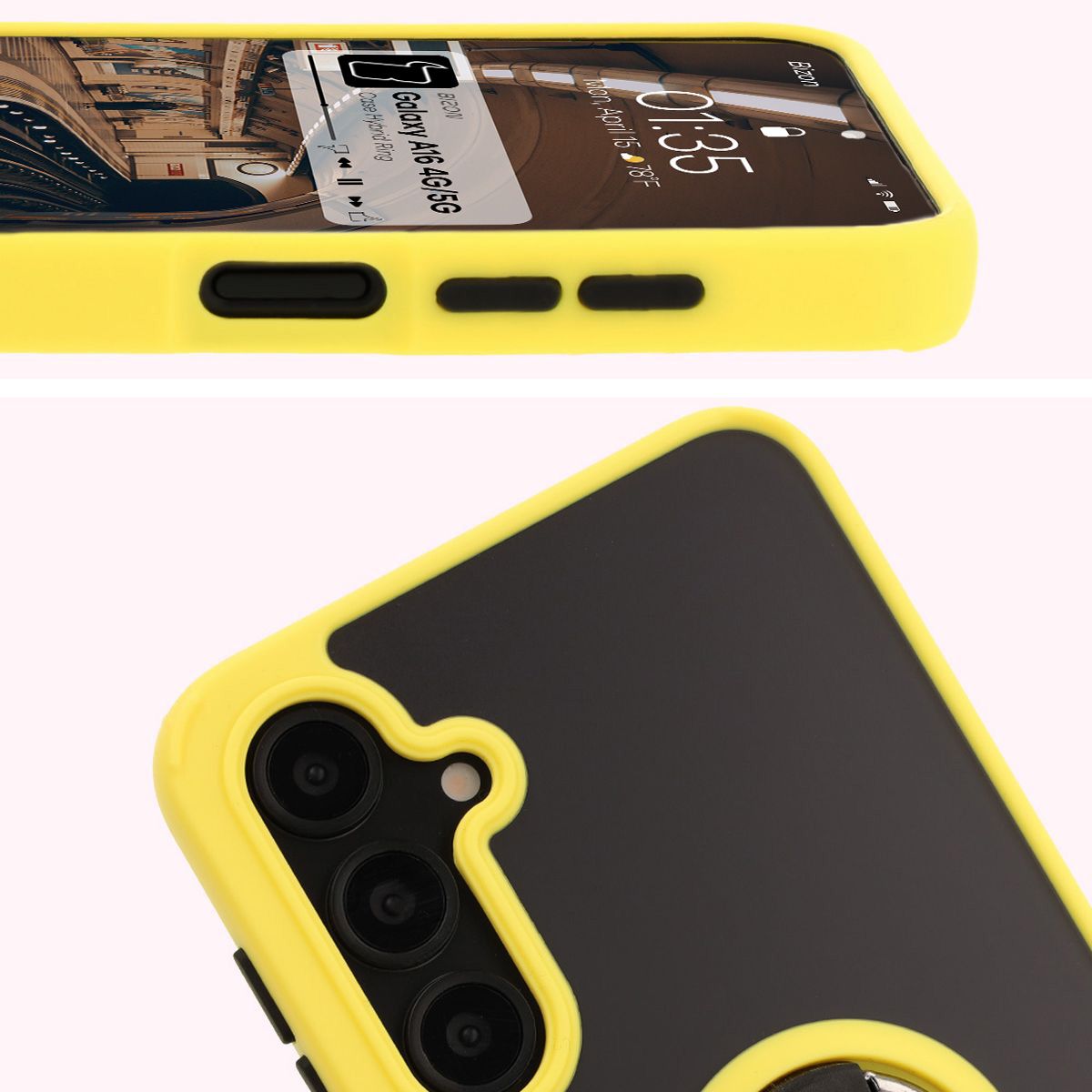 Zbliżenie na podwyższone krawędzie przy wyświetlaczu i wyspie aparatu w etui Bizon Hybrid Ring