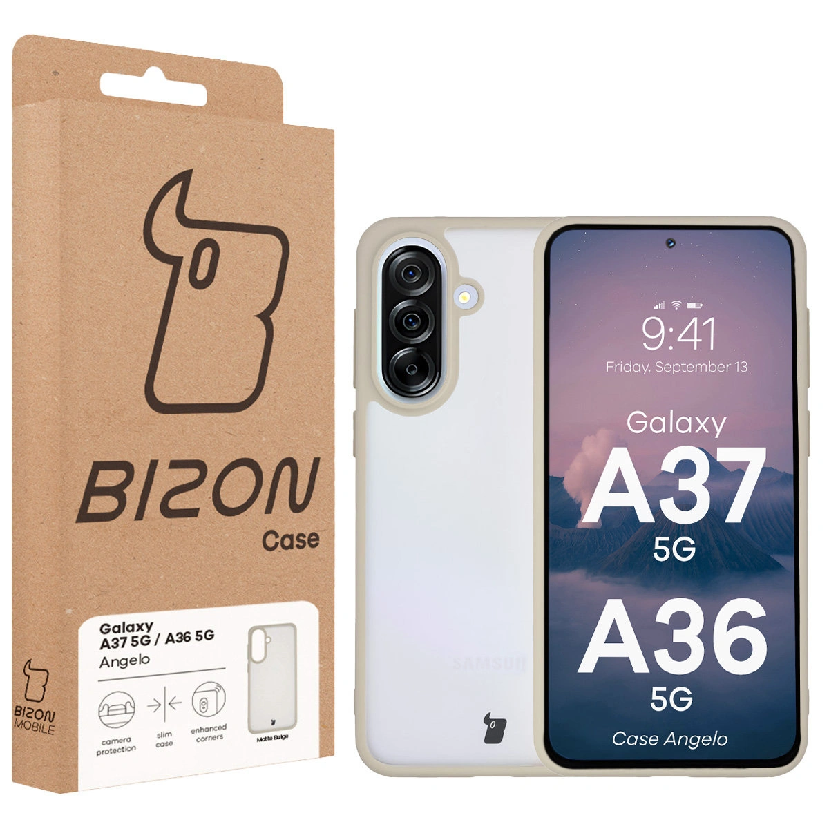 Przód pudełka Bizon Case z dedykowaną etykietą do Samsung Galaxy A37 5G / Samsung Galaxy A36 5G