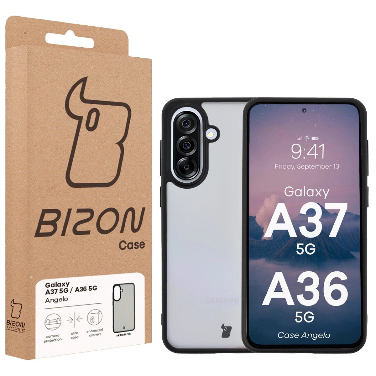 Przód pudełka Bizon Case z dedykowaną etykietą do Samsung Galaxy A37 5G / Samsung Galaxy A36 5G