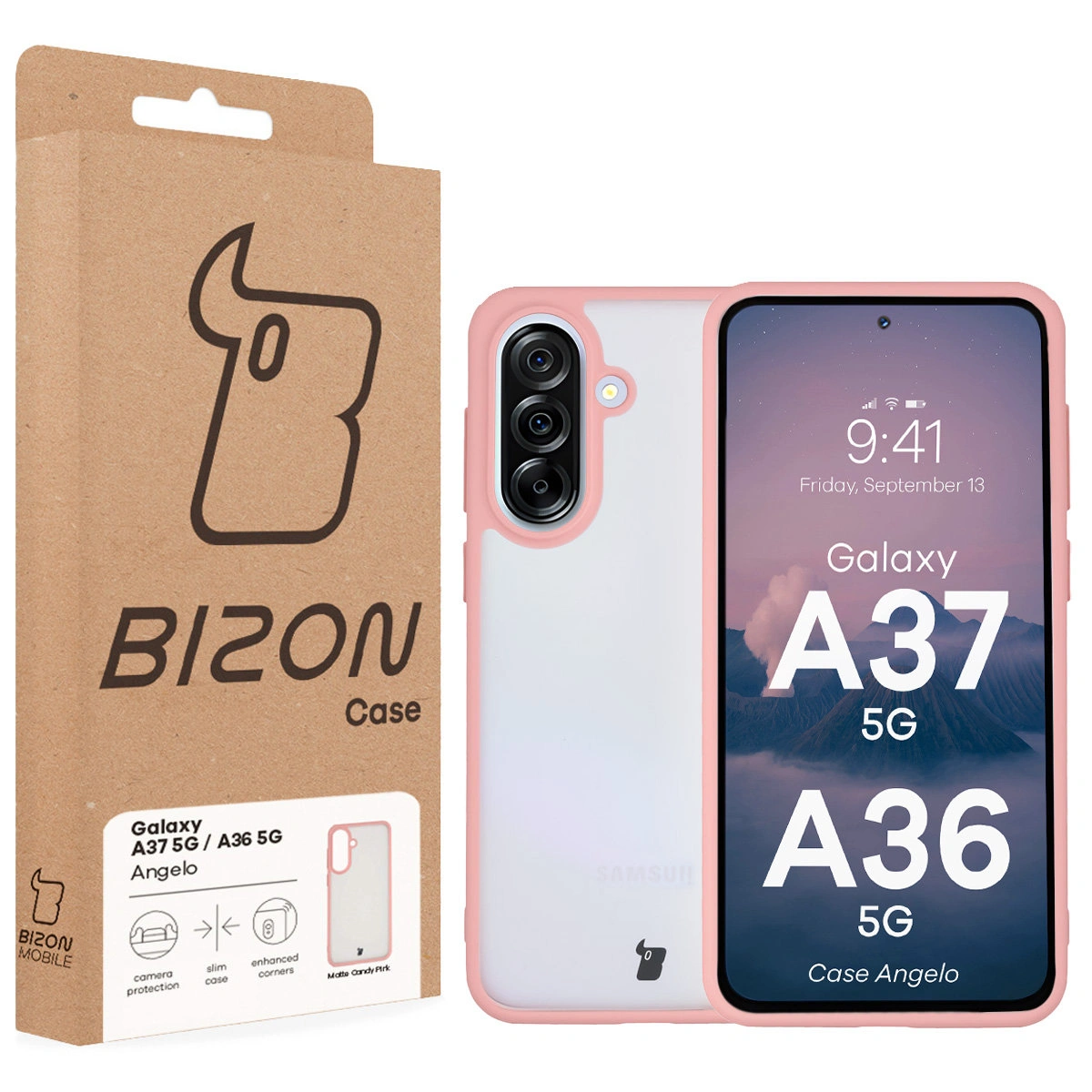 Przód pudełka Bizon Case z dedykowaną etykietą do Samsung Galaxy A37 5G / Samsung Galaxy A36 5G