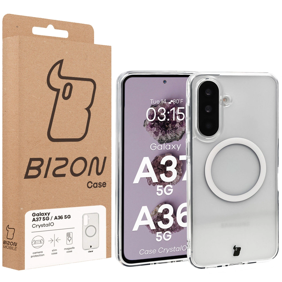 Przód pudełka Bizon Case z dedykowaną etykietą do Samsung Galaxy A37 5G / Samsung Galaxy A36 5G