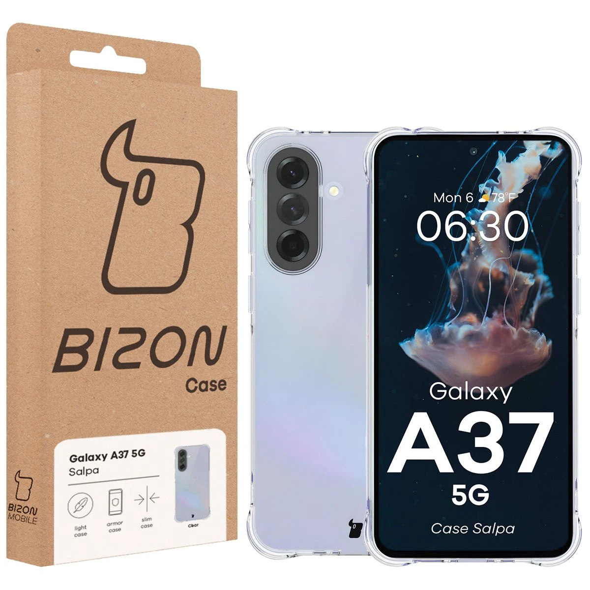 Przód pudełka Bizon Case z dedykowaną etykietą do Samsung Galaxy A37 5G
