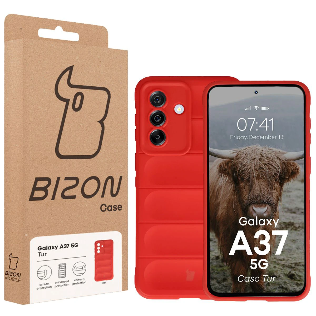 Przód pudełka Bizon Case z dedykowaną etykietą do Samsung Galaxy A37 5G