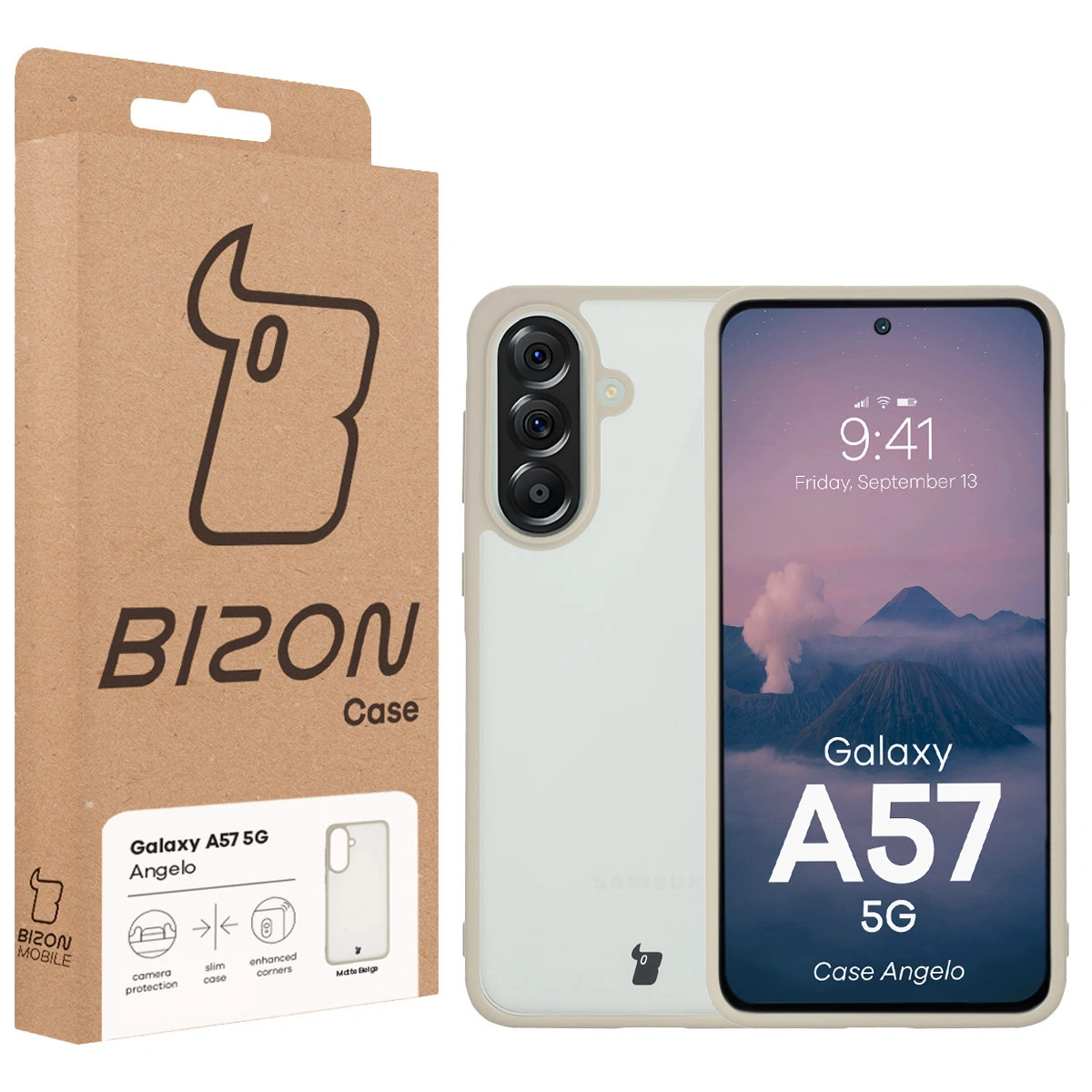 Przód pudełka Bizon Case z dedykowaną etykietą do Samsung Galaxy A57 5G