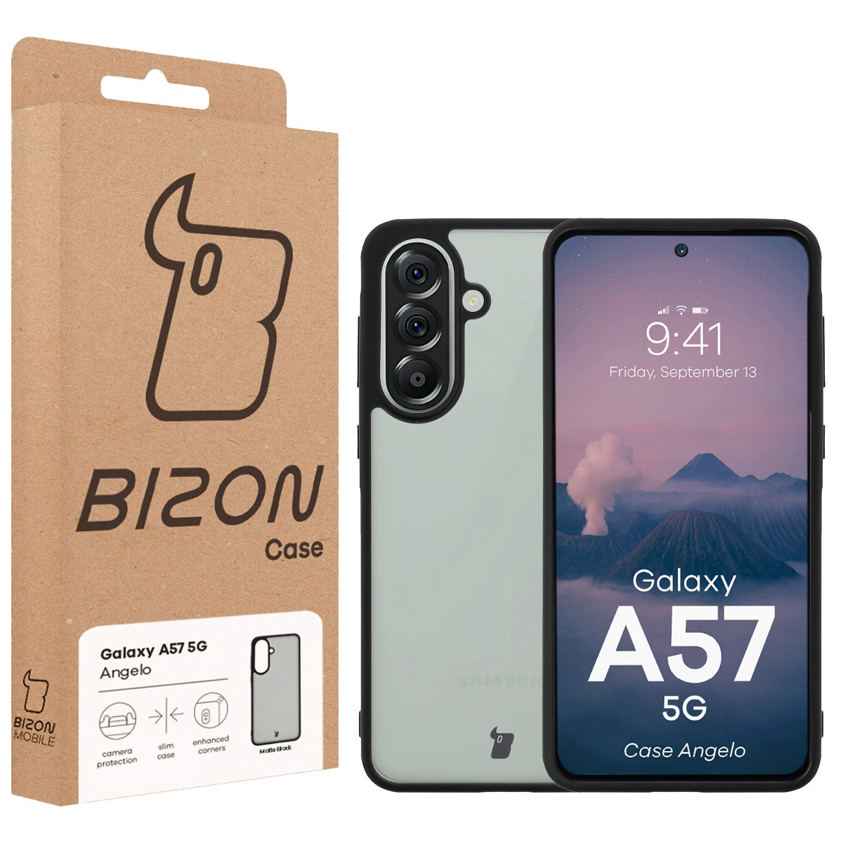 Przód pudełka Bizon Case z dedykowaną etykietą do Samsung Galaxy A57 5G