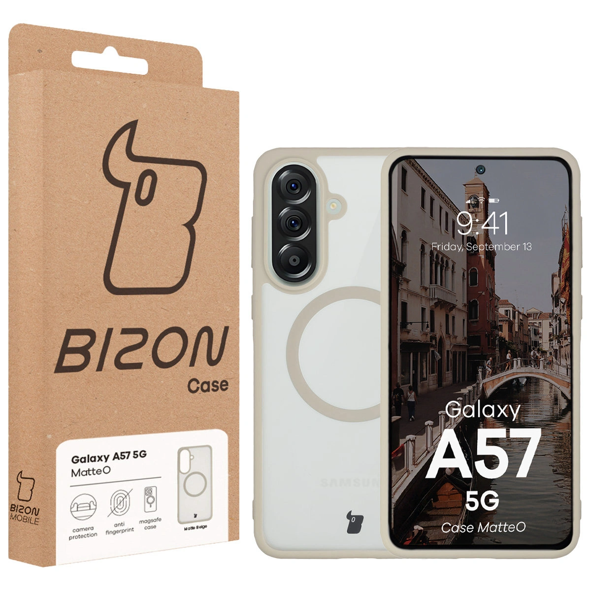 Przód pudełka Bizon Case z dedykowaną etykietą do Samsung Galaxy A57 5G