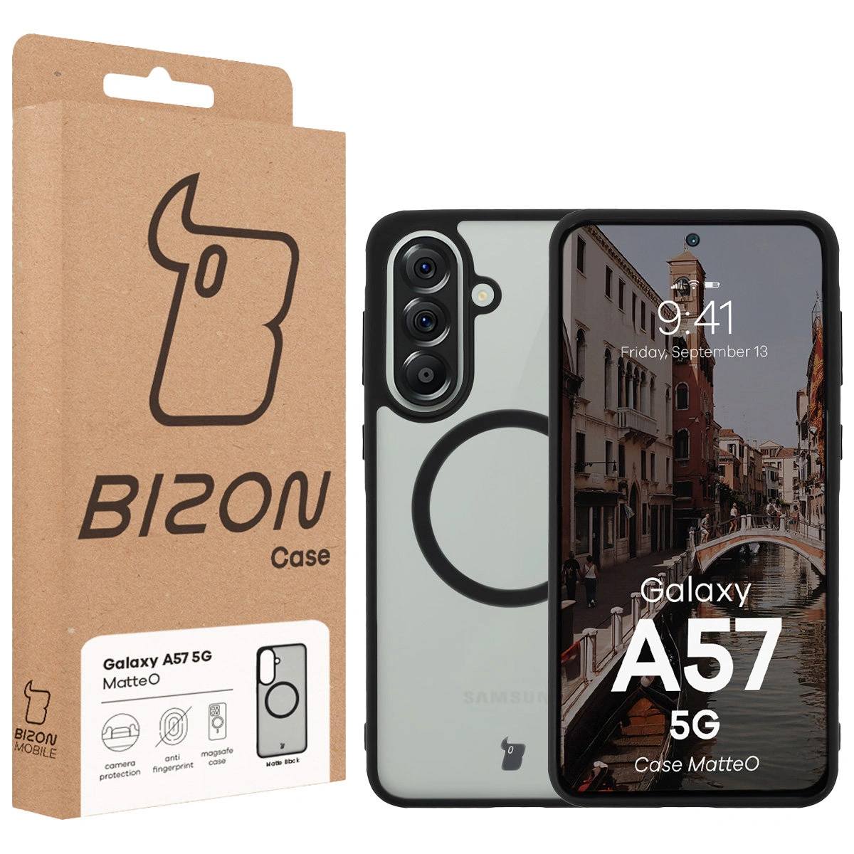 Przód pudełka Bizon Case z dedykowaną etykietą do Samsung Galaxy A57 5G