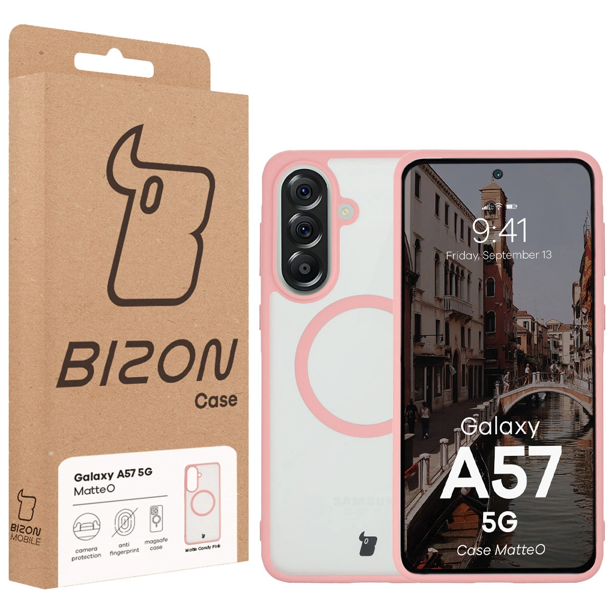 Przód pudełka Bizon Case z dedykowaną etykietą do Samsung Galaxy A57 5G