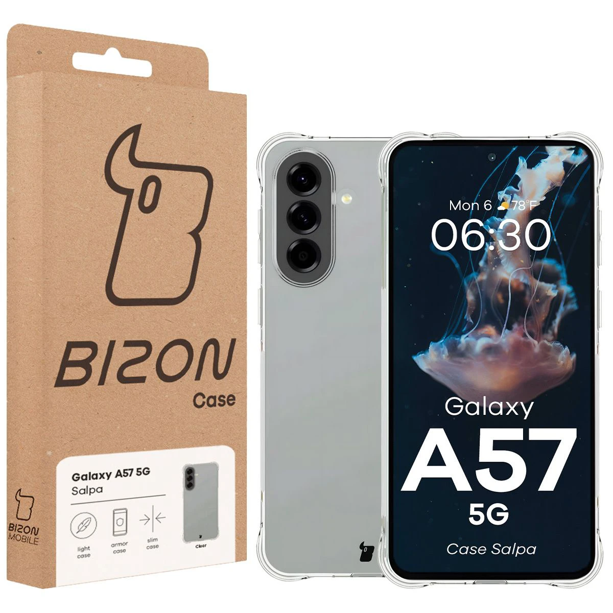 Przód pudełka Bizon Case z dedykowaną etykietą do Samsung Galaxy A57 5G