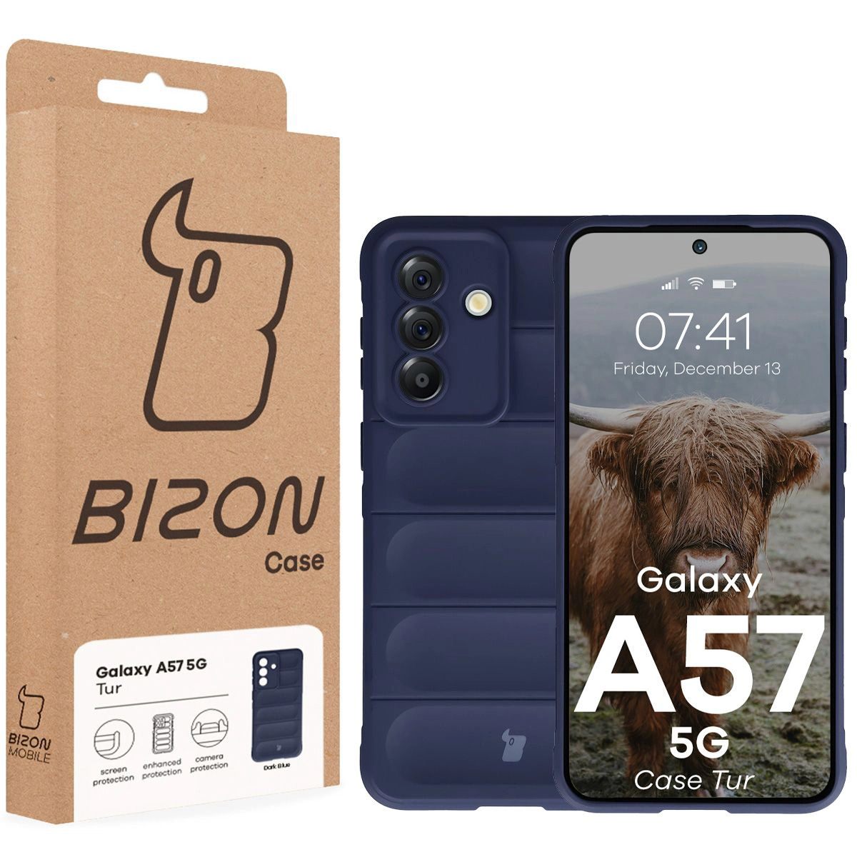 Przód pudełka Bizon Case z dedykowaną etykietą do Samsung Galaxy A57 5G