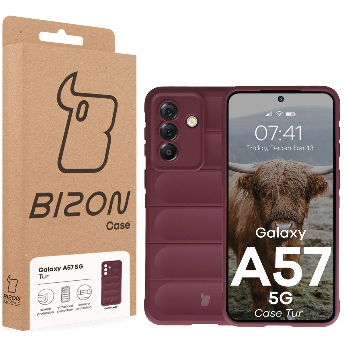 Przód pudełka Bizon Case z dedykowaną etykietą do Samsung Galaxy A57 5G
