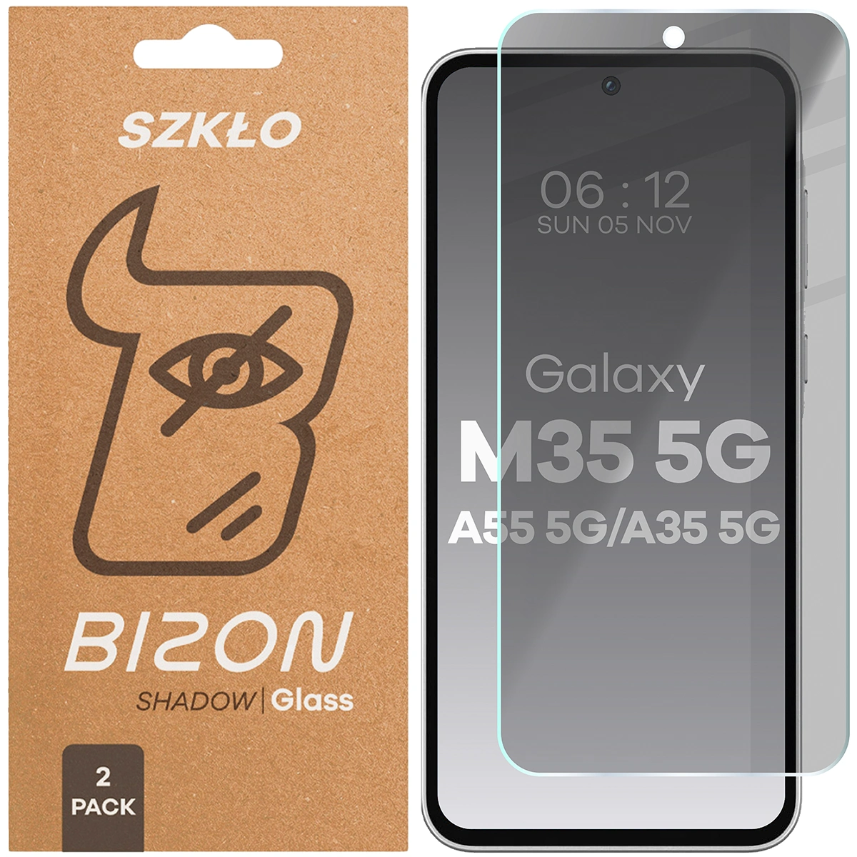 Pudełko i szkło prywatyzujące Bizon Glass Clear Shadow Duo do Samsung Galaxy M35 5G / Samsung Galaxy A35 5G / Samsung Galaxy A55 5G
