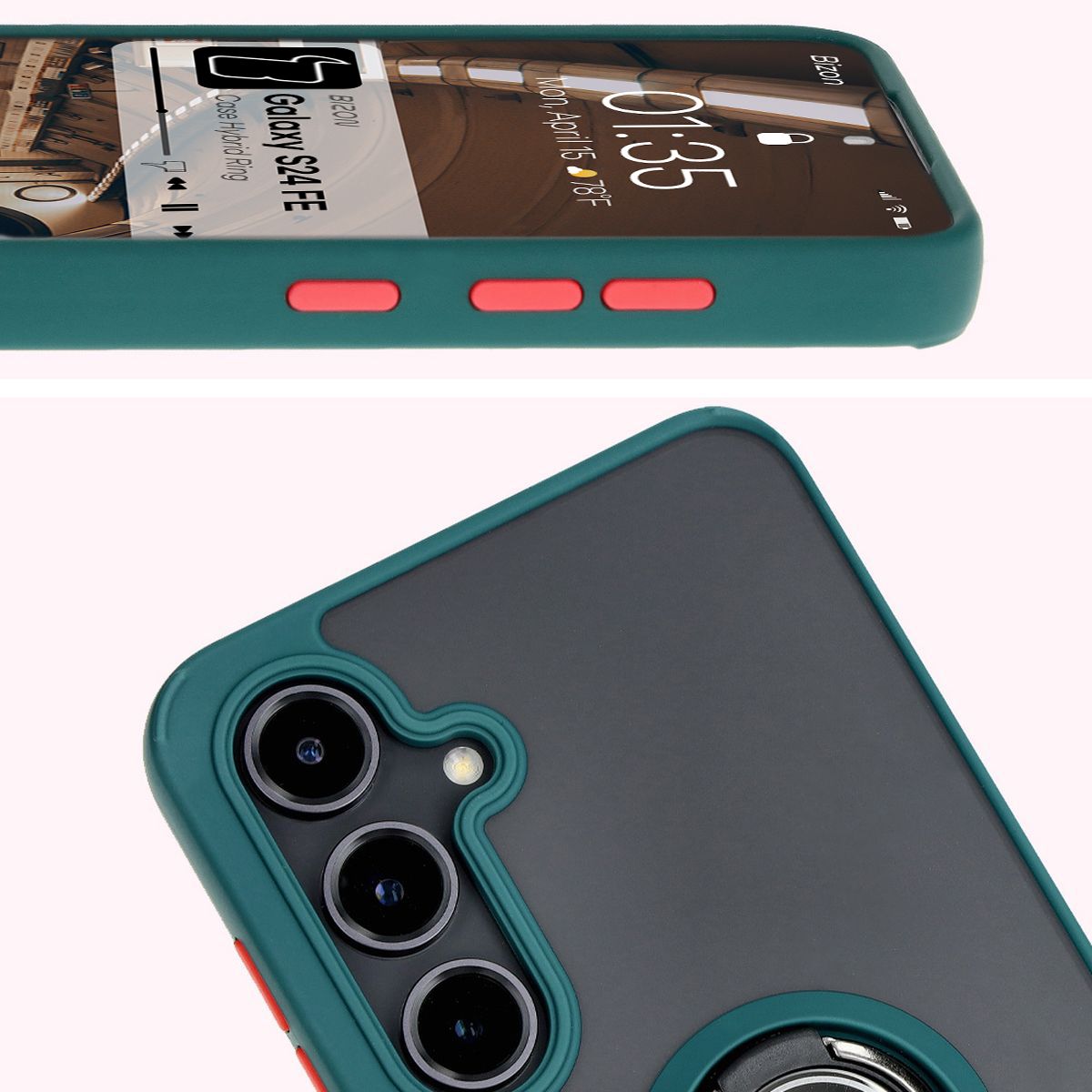 Zbliżenie na podwyższone krawędzie przy wyświetlaczu i wyspie aparatu w etui Bizon Hybrid Ring