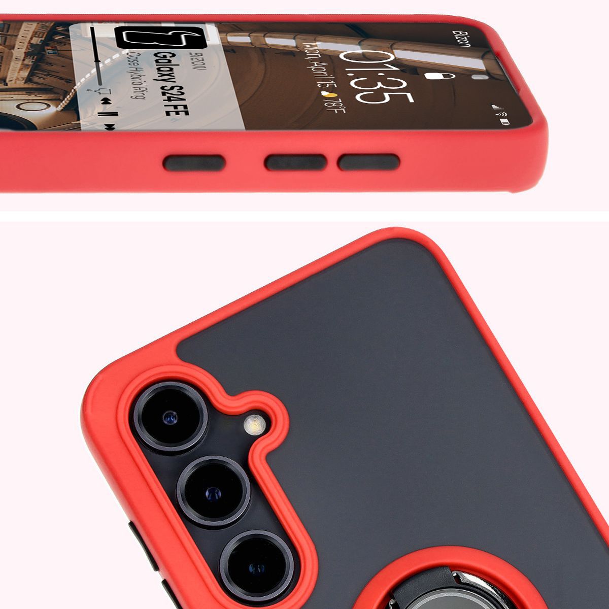 Zbliżenie na podwyższone krawędzie przy wyświetlaczu i wyspie aparatu w etui Bizon Hybrid Ring