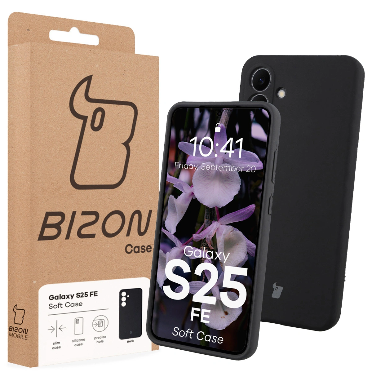 Przód pudełka Bizon Case z dedykowaną etykietą do Samsung Galaxy S25 FE
