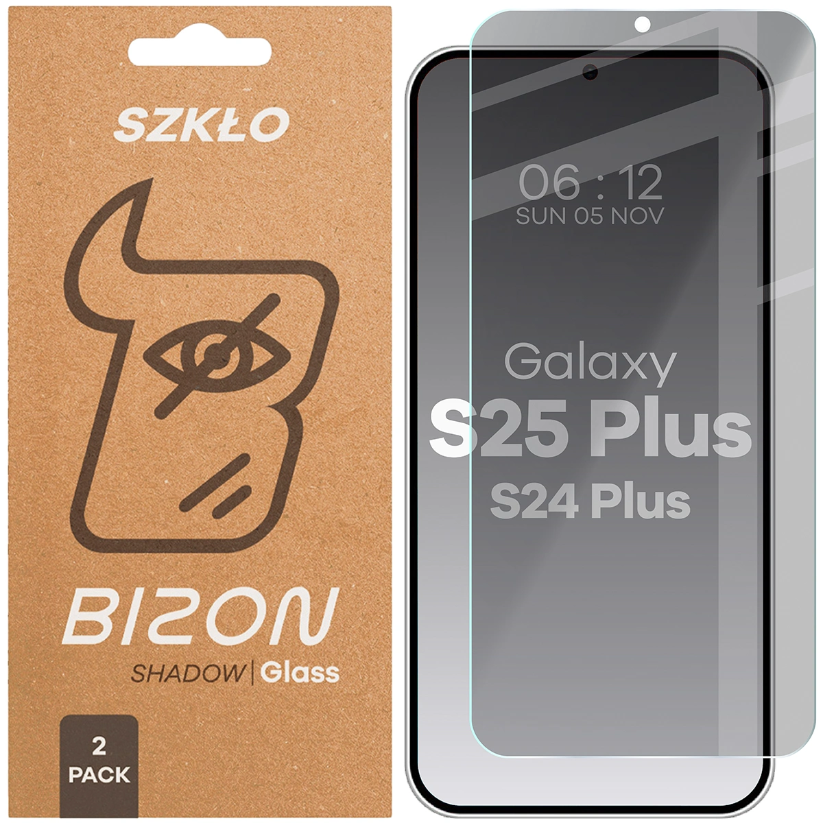 Pudełko i szkło prywatyzujące Bizon Glass Clear Shadow Duo do Samsung Galaxy S25 Plus / Samsung Galaxy S24 Plus
