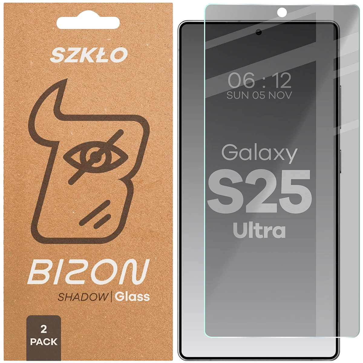 Pudełko i szkło prywatyzujące Bizon Glass Clear Shadow Duo do Samsung Galaxy S25 Ultra