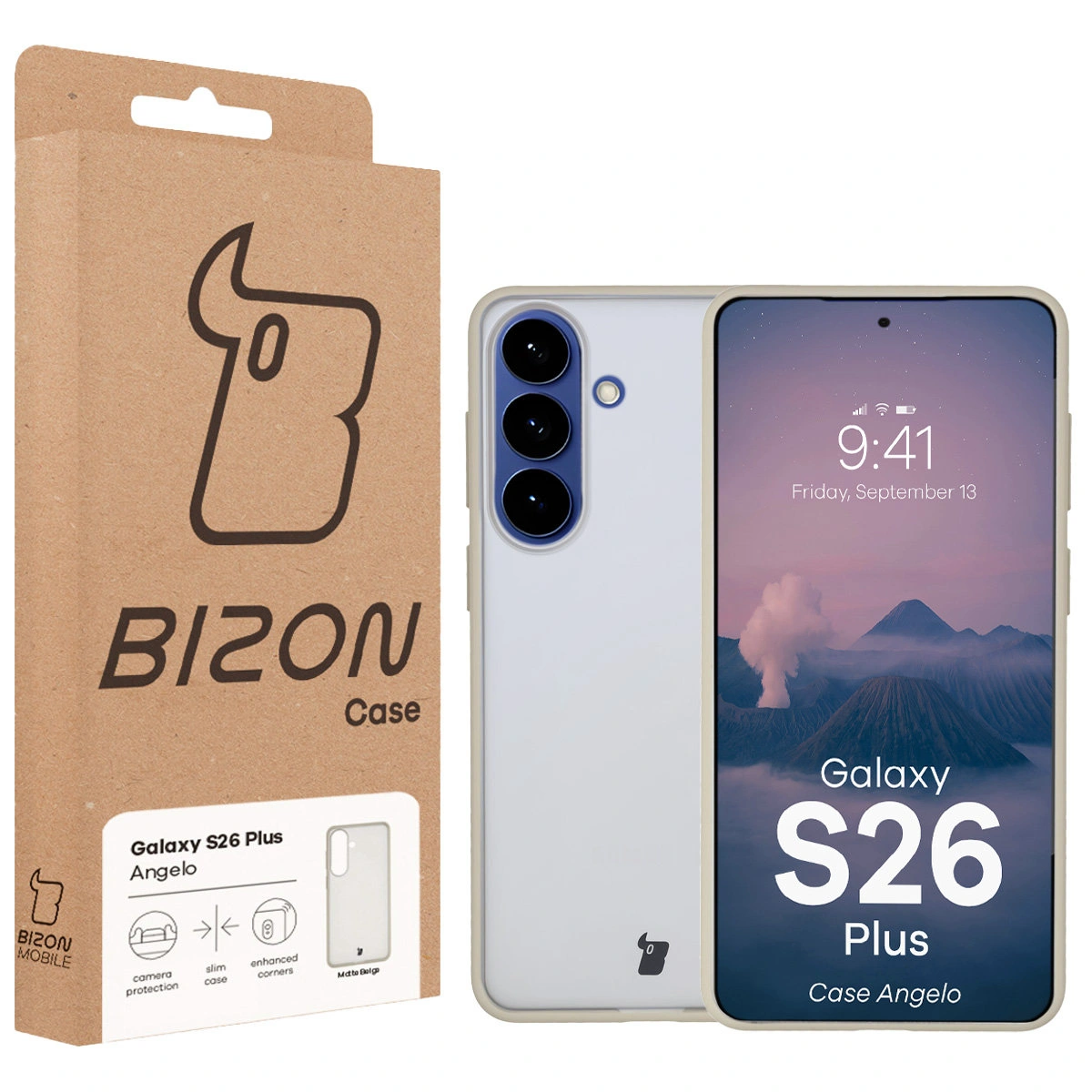 Przód pudełka Bizon Case z dedykowaną etykietą do Samsung Galaxy S26 Plus