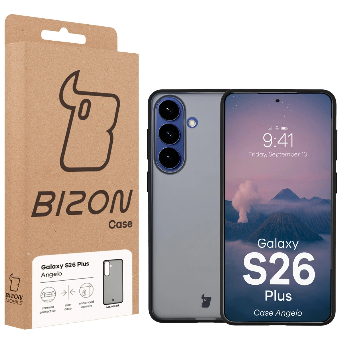 Przód pudełka Bizon Case z dedykowaną etykietą do Samsung Galaxy S26 Plus