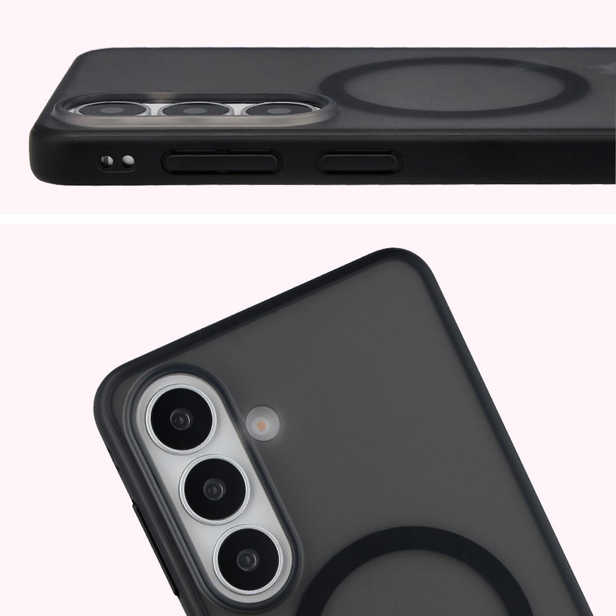 Pełne wycięcie i podwyższone krawędzie aparatu w etui Bizon Case MatteO do Samsung Galaxy S26 Plus