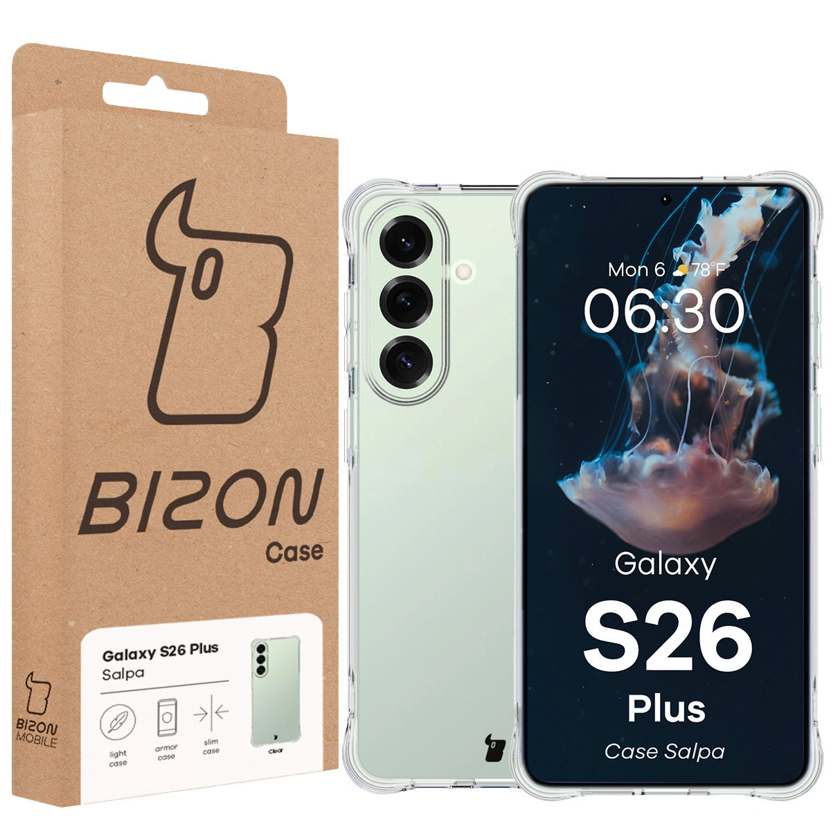 Przód pudełka Bizon Case z dedykowaną etykietą do Samsung Galaxy S26 Plus