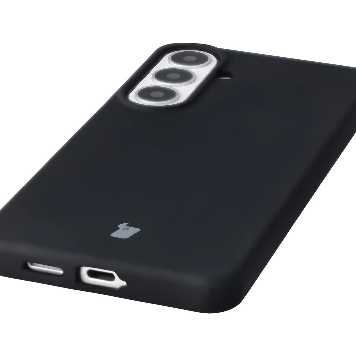 Zbliżenie na precyzyjne wycięcia i możliwość ładowania indukcyjnego w etui Bizon Soft Case do Samsung Galaxy S26 Plus