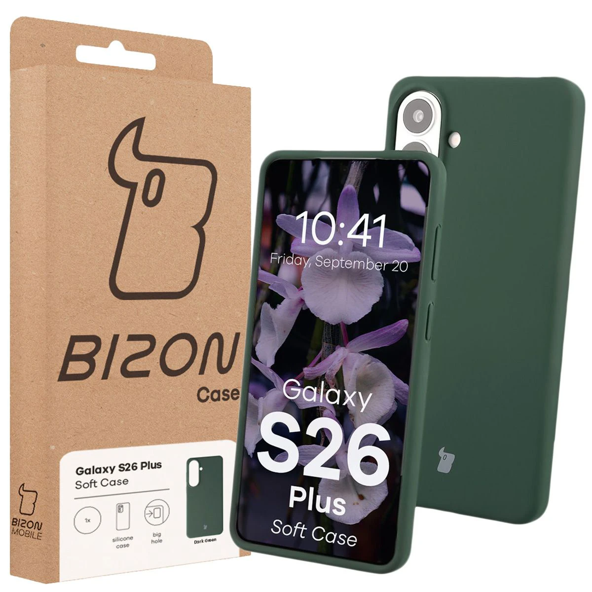 Przód pudełka Bizon Case z dedykowaną etykietą do Samsung Galaxy S26 Plus