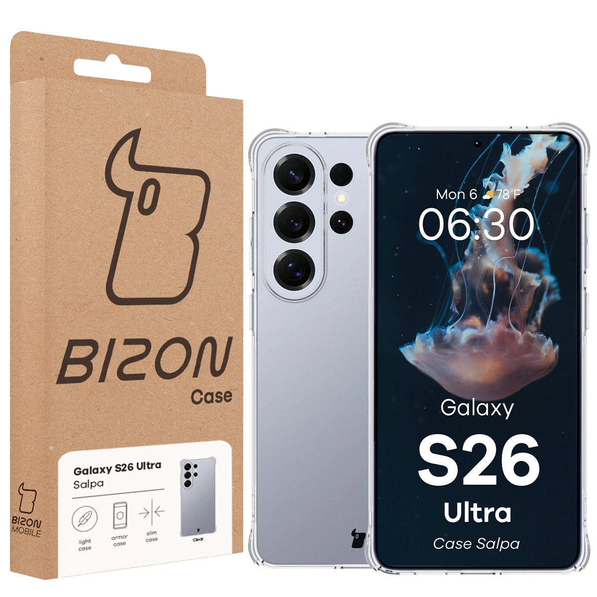 Przód pudełka Bizon Case z dedykowaną etykietą do Samsung Galaxy S26 Ultra
