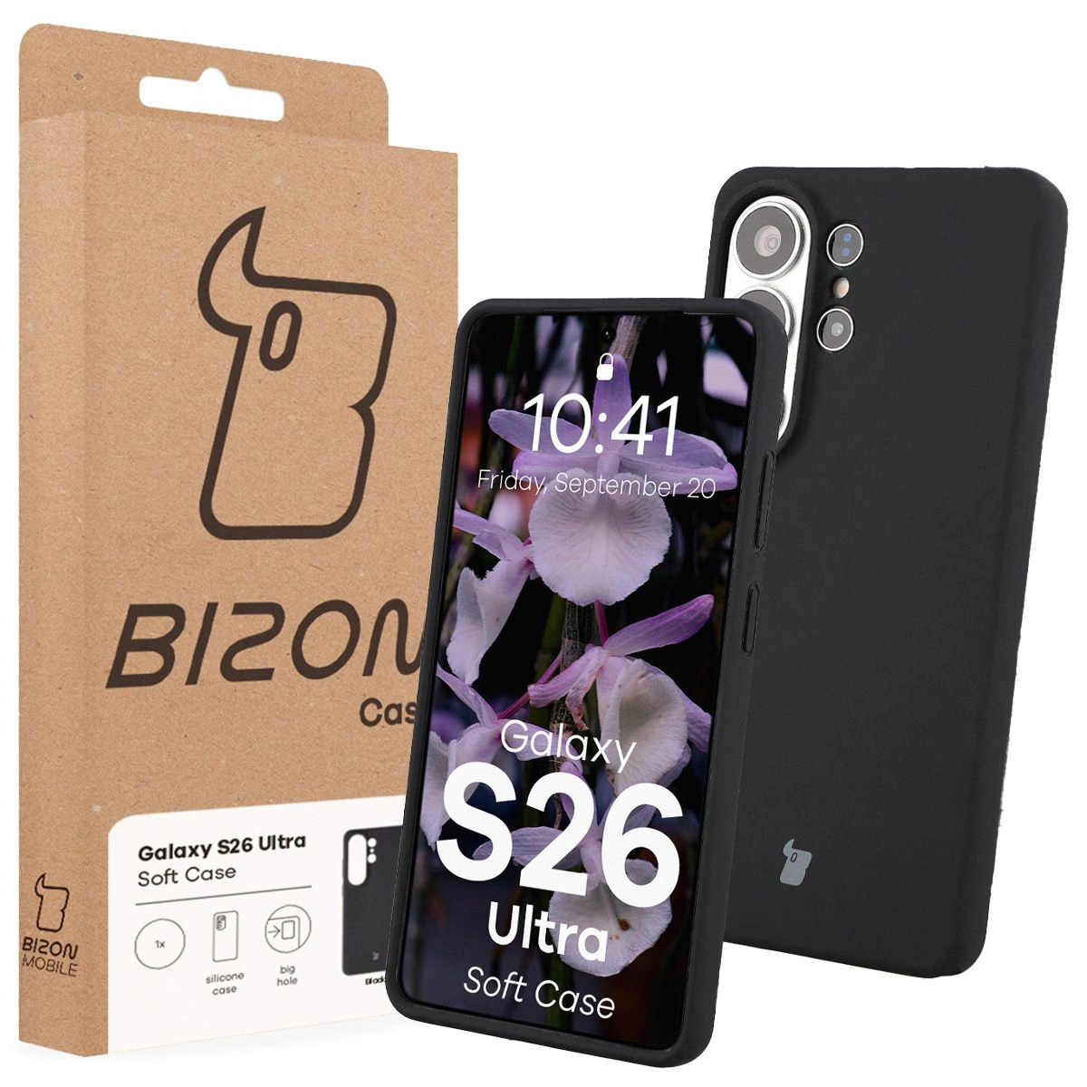 Przód pudełka Bizon Case z dedykowaną etykietą do Samsung Galaxy S26 Ultra