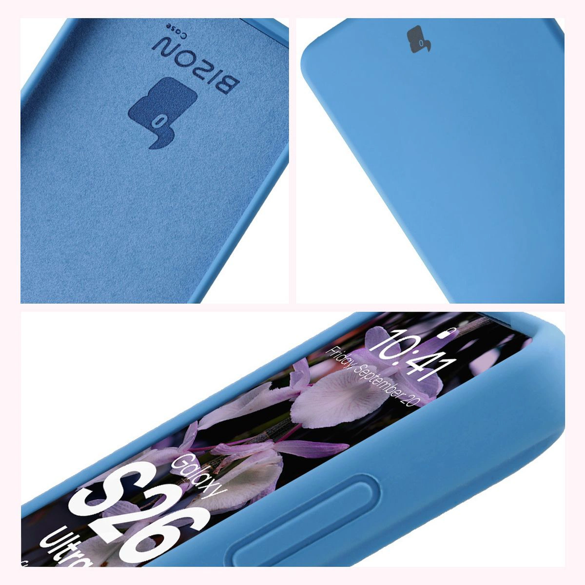 Konstrukcja etui Bizon Soft Case: zintegrowane osłony, podwyższone krawędzie i wyściółka z mikrofibry do Samsung Galaxy S26 Ultra