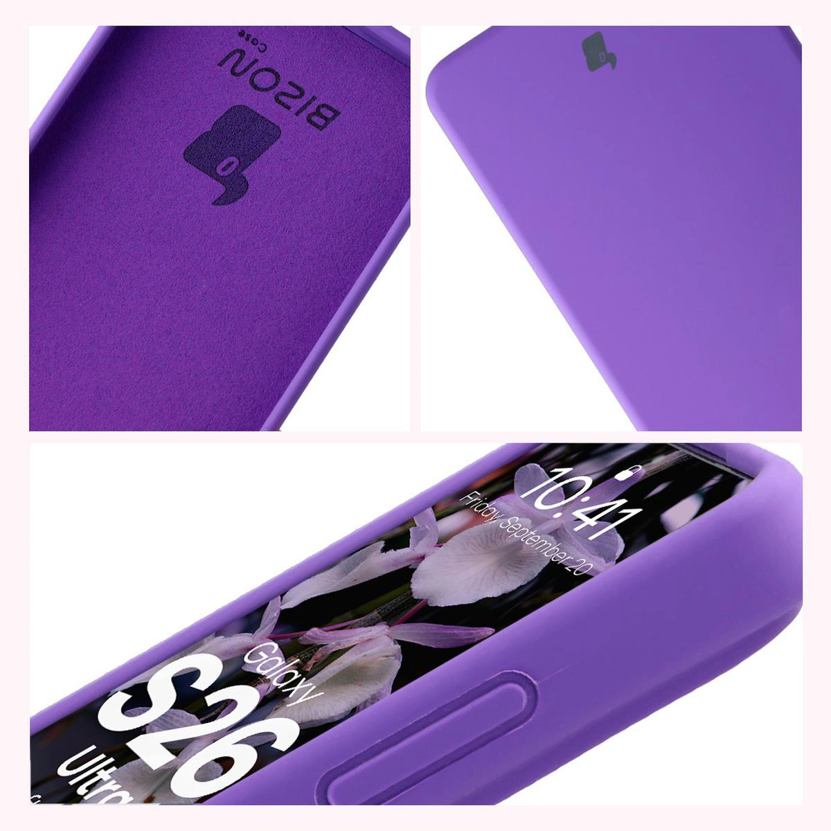 Konstrukcja etui Bizon Soft Case: zintegrowane osłony, podwyższone krawędzie i wyściółka z mikrofibry do Samsung Galaxy S26 Ultra