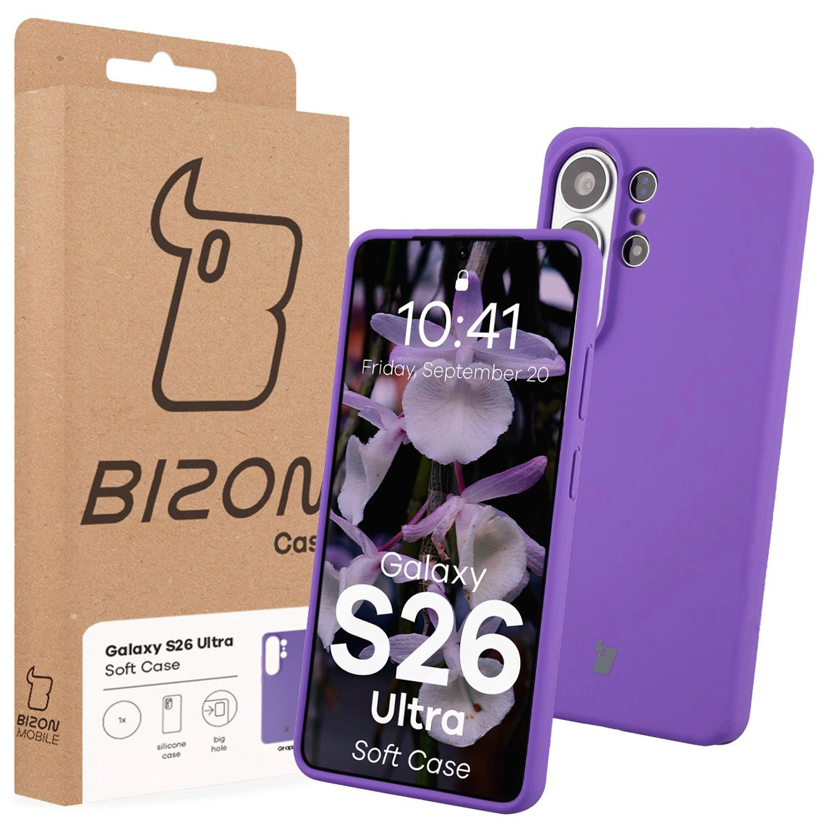 Przód pudełka Bizon Case z dedykowaną etykietą do Samsung Galaxy S26 Ultra