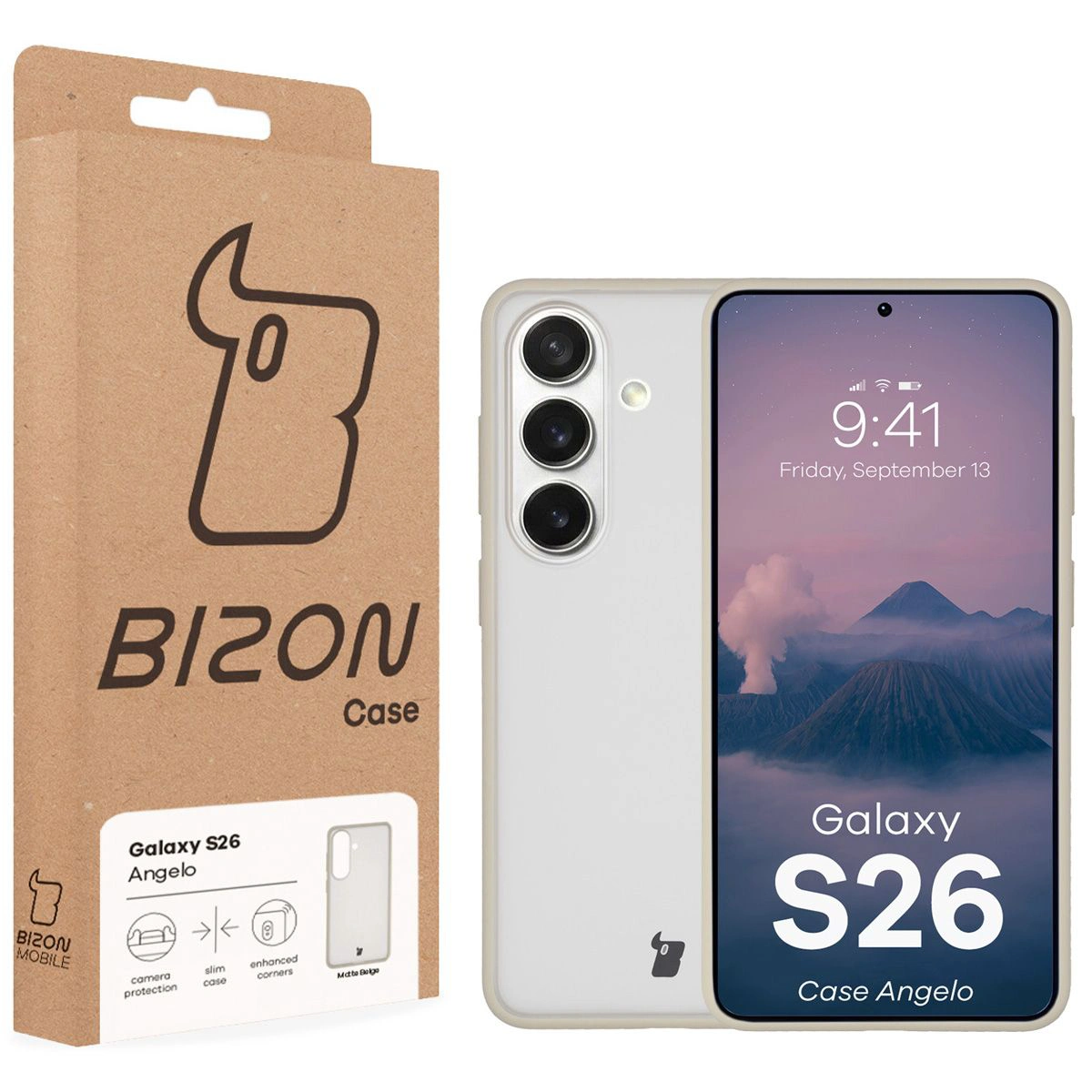 Przód pudełka Bizon Case z dedykowaną etykietą do Samsung Galaxy S26