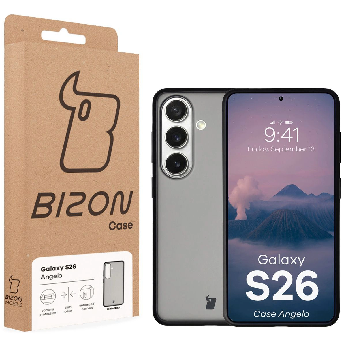 Przód pudełka Bizon Case z dedykowaną etykietą do Samsung Galaxy S26