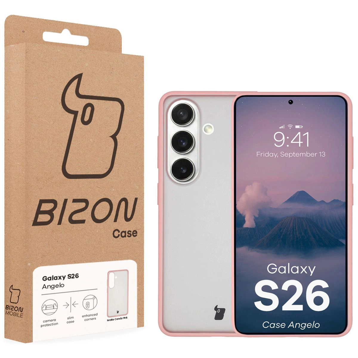 Przód pudełka Bizon Case z dedykowaną etykietą do Samsung Galaxy S26