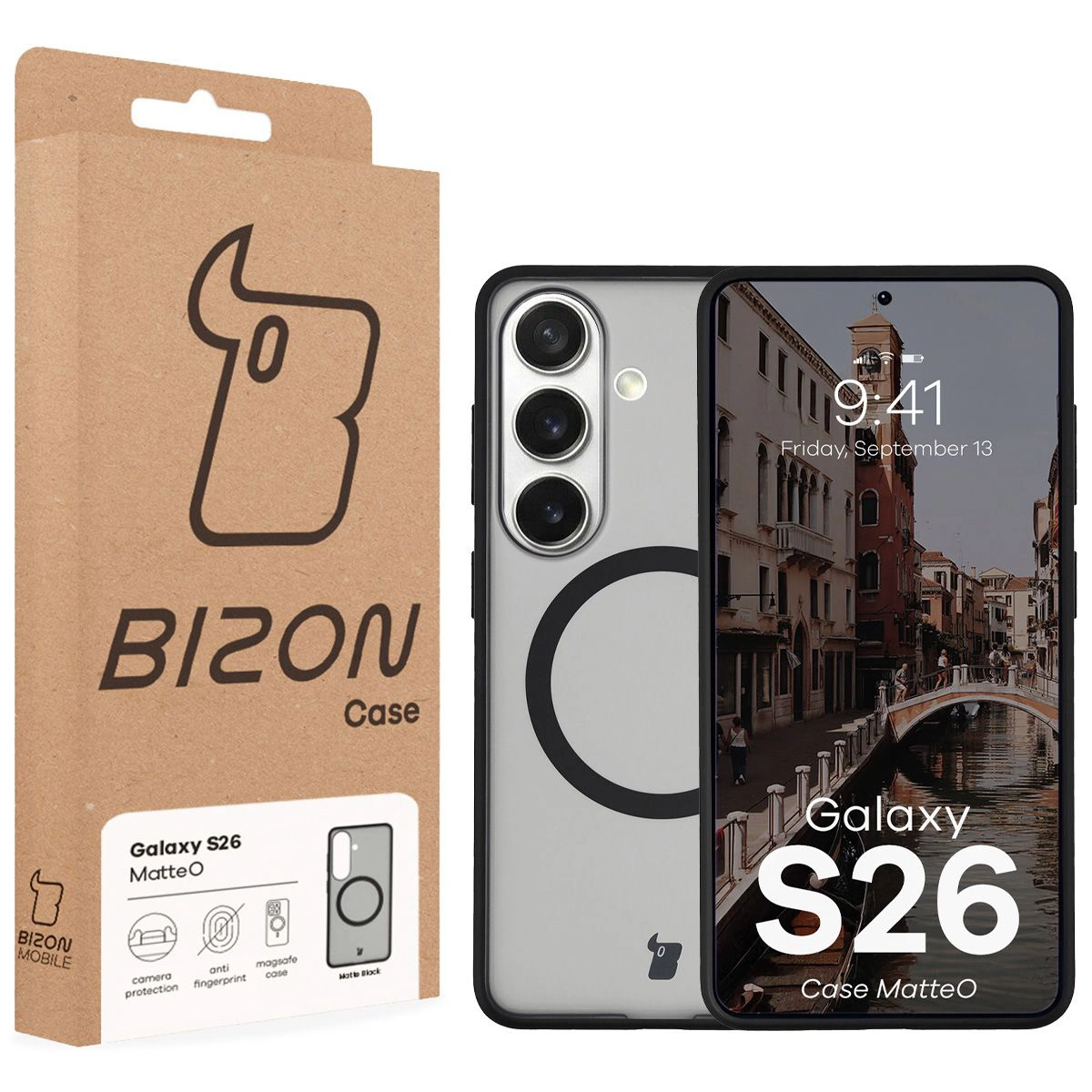 Przód pudełka Bizon Case z dedykowaną etykietą do Samsung Galaxy S26