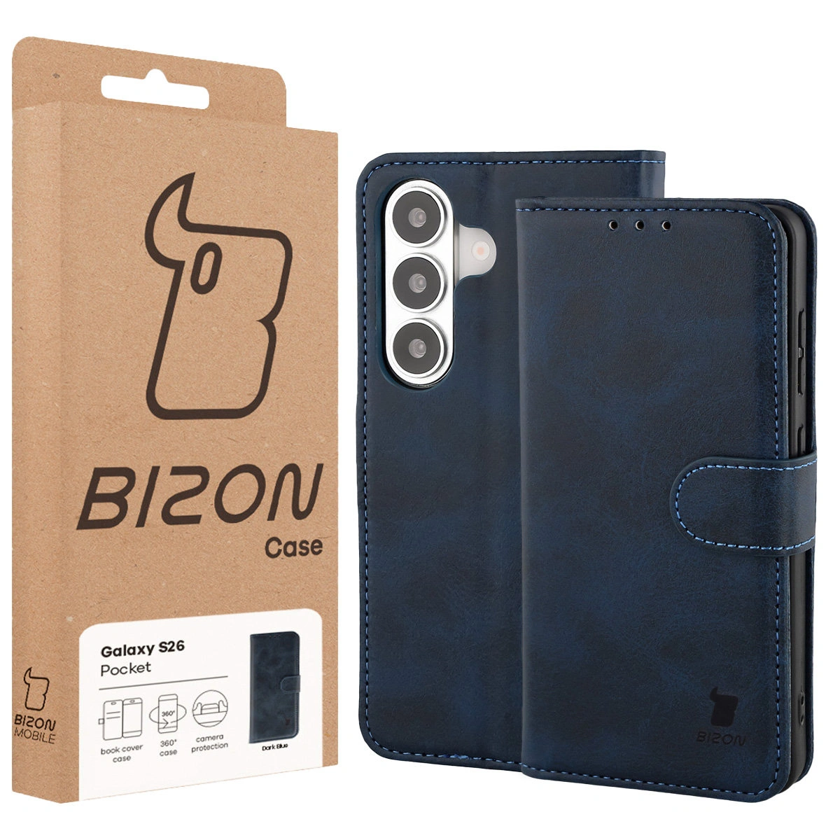 Przód pudełka Bizon Case z dedykowaną etykietą do Samsung Galaxy S26