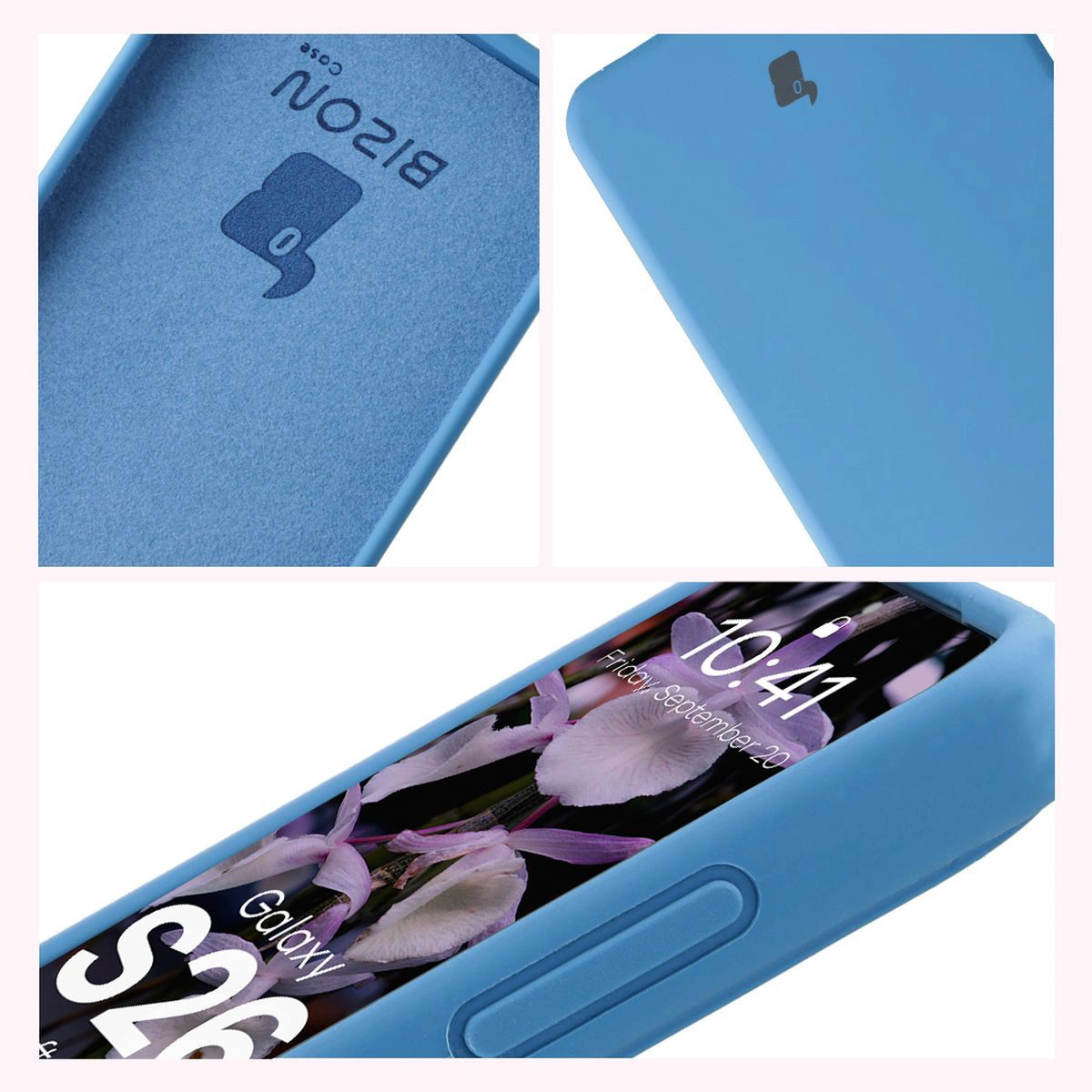 Konstrukcja etui Bizon Soft Case: zintegrowane osłony, podwyższone krawędzie i wyściółka z mikrofibry do Samsung Galaxy S26