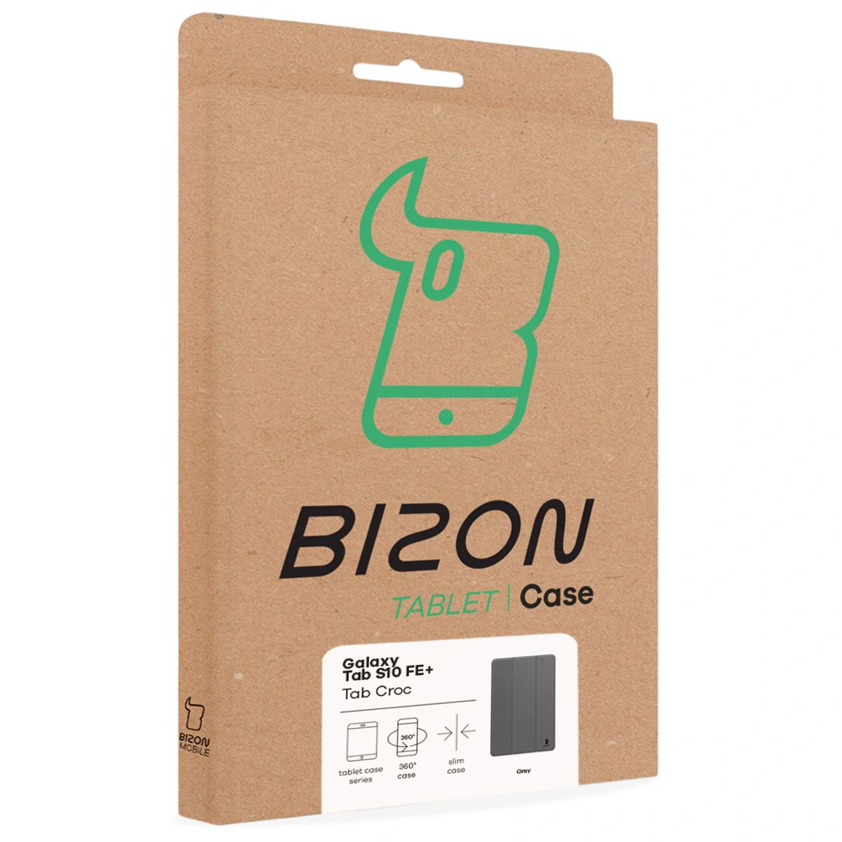 Vorderseite der Bizon Case Verpackung mit spezifischem Etikett für das Samsung Galaxy Tab S10 FE Plus