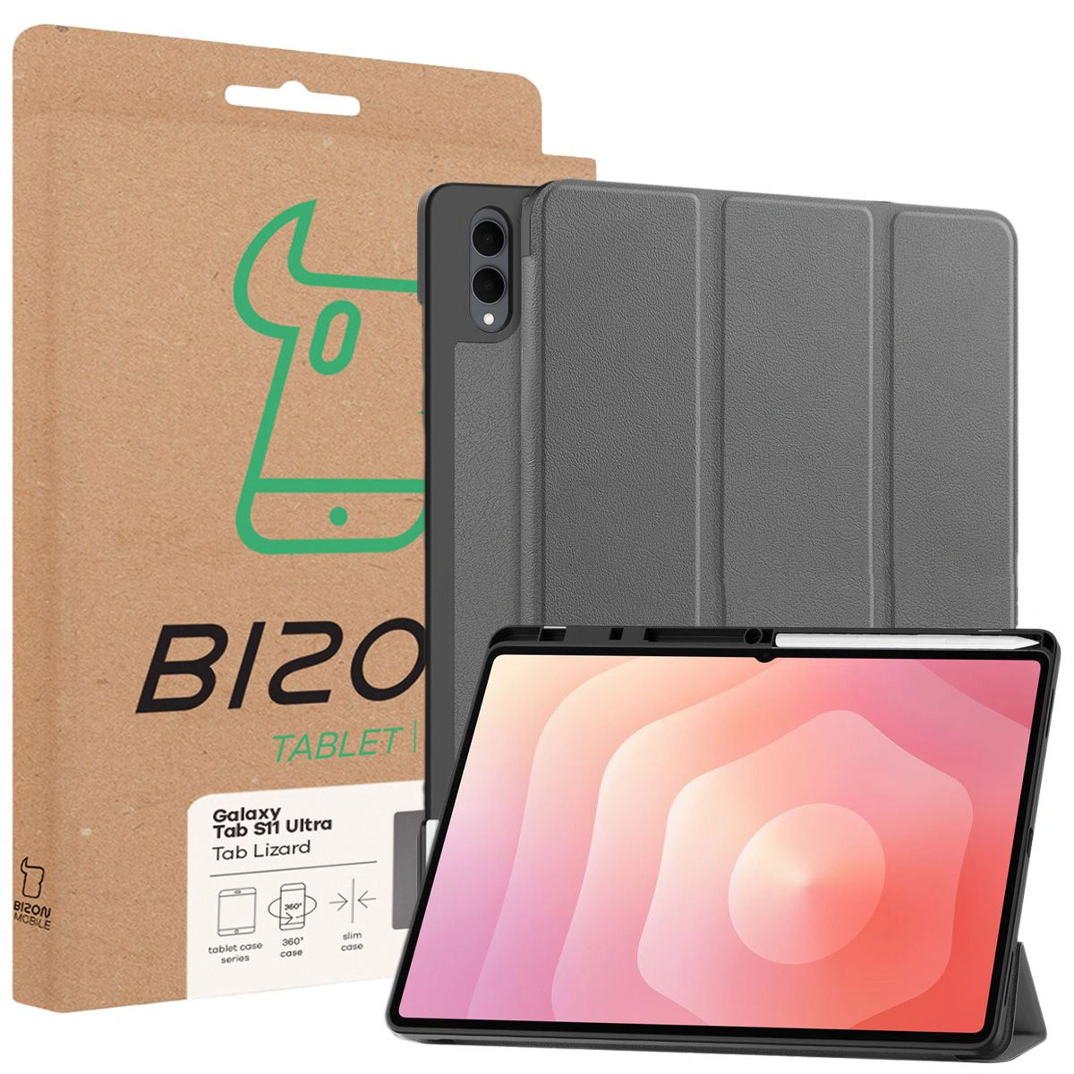 Przód pudełka Bizon Case z dedykowaną etykietą do Samsung Galaxy Tab S11 Ultra
