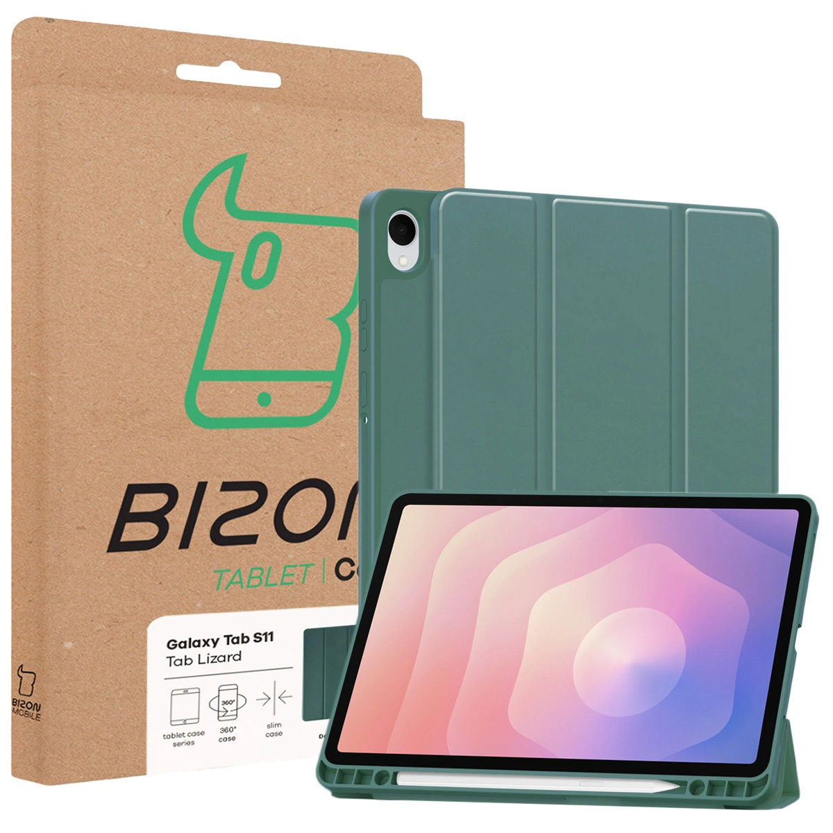 Przód pudełka Bizon Case z dedykowaną etykietą do Samsung Galaxy Tab S11