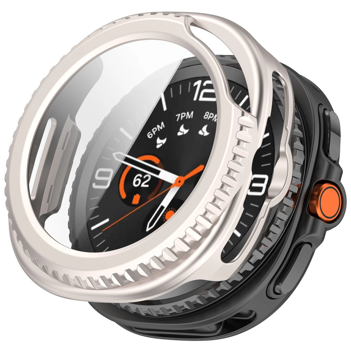 Wizualizacja nakładania etui Bizon Case+Glass Watch do Galaxy Watch 8 Classic 46 mm