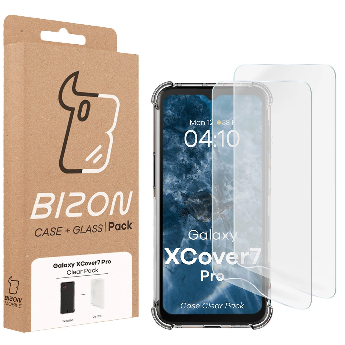 Przód pudełka Bizon Case+Glass z dedykowaną etykietą do Samsung Galaxy Xcover7 Pro
